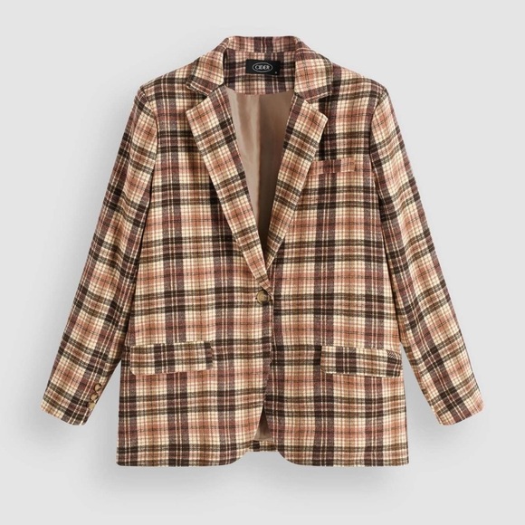 Cider Jackets & Blazers - Cider Retro Plaid Pattern Blazer Womens Size Small Camel Brown Pink Oversized